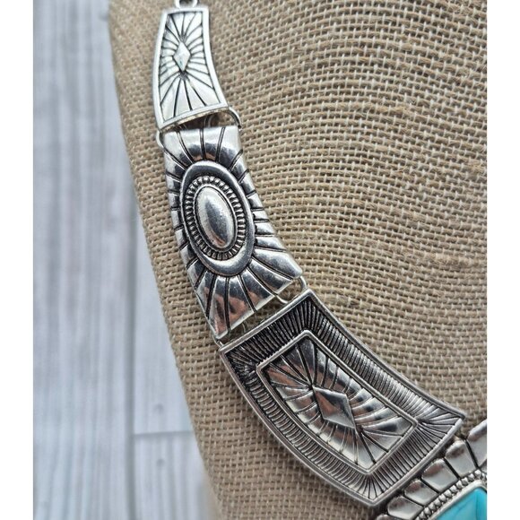 NWOT Silver Tone & Faux Turquoise Teardrop Bib Collar Necklace Southwestern 22" - Picture 7 of 10